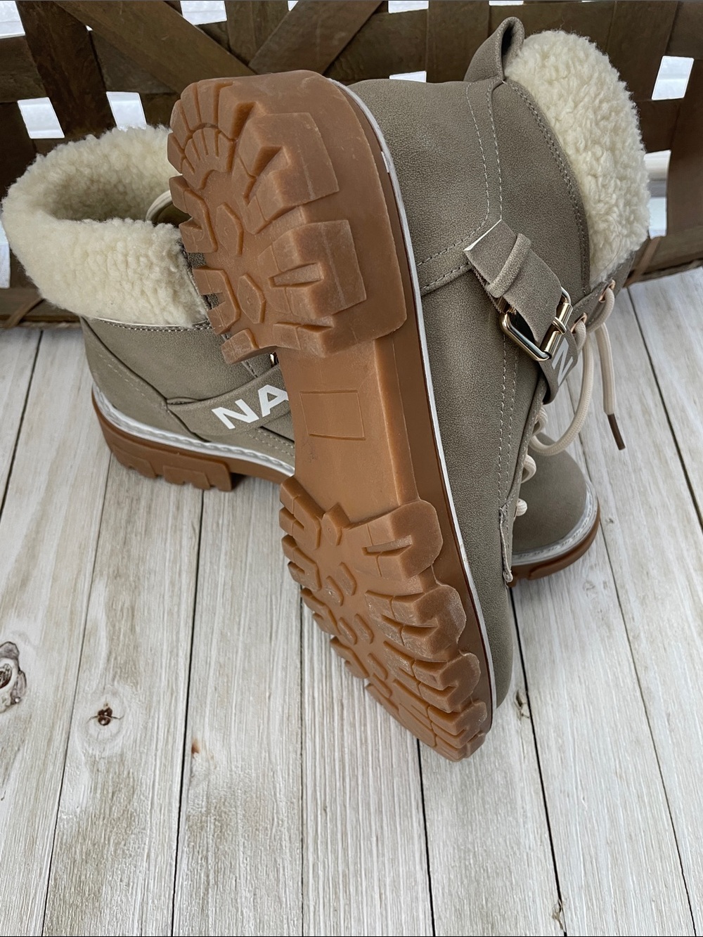Nautica Taupe Lace-Up Sherpa Winter Boots with Tan Sole - Picture 2 of 4
